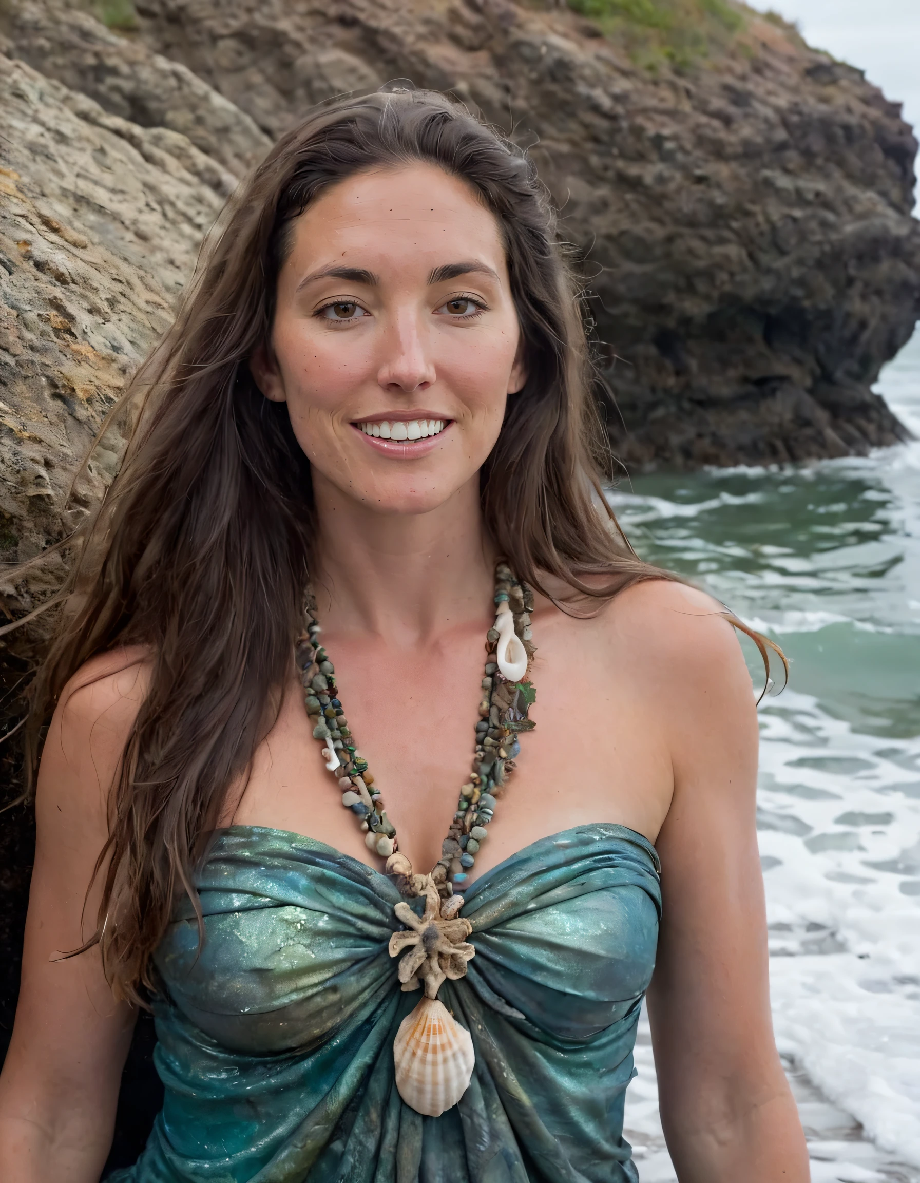 Oceanic Oracle: Cloaked in seaweed silk, adorned with iridescent shells, wrapped in tidal whispers.. Nikki Delventhal, the Oceanic Oracle, sat gracefully on a weathered rock by the shore, as the seaweed silk she wore glistened in the moonlight, embracing her lithe frame while accentuating the intricate shells that encircled her neck and wrists. Her long brown hair cascaded over her shoulder and the waves lapped at her feet as if they were trying to steal a glimpse of her captivating smile, revealing teeth stained with a hint of coffee; her eyes, deep and mysterious like the ocean itself, never leaving the gaze of a curious male, whose own brown eyes stared longingly into hers. The woman's face was marked by a small mole that seemed to only add to her ethereal beauty, as she gently parted her lips to reveal full breasts nestled under her garment and her fingers reached out to playfully trace the beads of a necklace crafted from shells identical to those adorning her attire. The sound of tidal whispers whispered around her, reminding everyone who encountered this divine being that she was one with nature; Nikki Delventhal, the Oceanic Oracle, personified as a one-girl symphony of salt and sand, a goddess created by the sea herself. <lora:swilwq18e018ee1bbp29d:1>