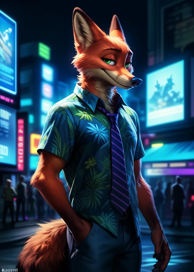 (by Bassenji, by Wildering, by Albrecht Anker, by Foxovh),
solo ((nick wilde) blue aloha shirt, jeans, purple stripes necktie, green eyes),
(standing, three-quarter portrait, three-quarter view, looking at viewer:1.25),
BREAK,
(aquarium, city, neon light, billboard, window),
(detailed background, depth of field, sunlight, ambient silhouette, backlighting),
masterpiece, best quality, 4k, 2k, (intricate:0.9), (high detail, shaded, realistic:1.25), absurd res