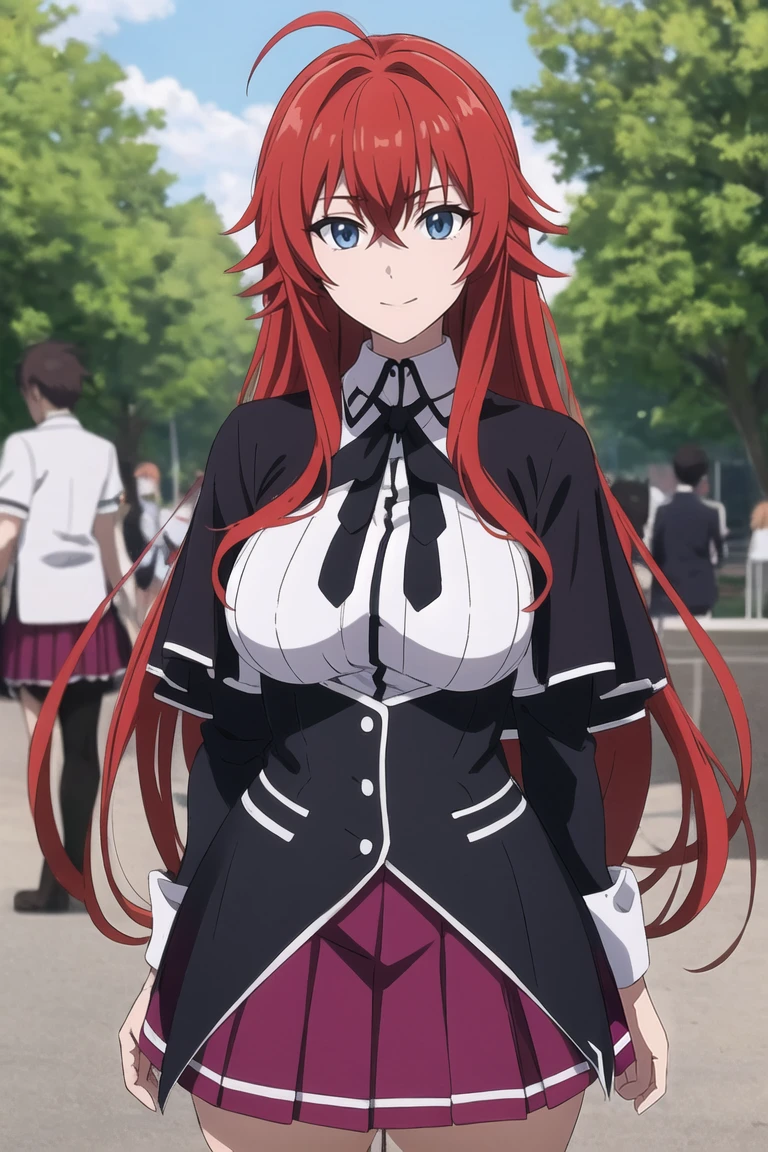 masterpiece, best quality, high quality, highres, outdoors, day, upper body, looking at viewer, solo, focused, BREAK, 
ANIME_DxD_Rias_Gremory_ownwaifu, 
1girl, bangs, long hair, red hair, breasts, large breasts, rias gremory, blue eyes, hair between eyes, very long hair, collarbone, hair intakes,  hair over breasts, 
black capelet, black corset, collared shirt, kuoh academy school uniform, layered skirt, underbust, school uniform, skirt, shirt, long sleeves, purple skirt, ribbon, miniskirt, neck ribbon, thighhighs, black ribbon, 
<lora:ANIME_DxD_Rias_Gremory_ownwaifu:0.8>