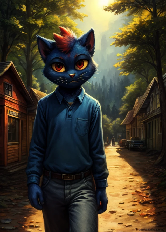 by Norman Rockwell, by Thomas Kinkade, by Kenket, night in the woods,
solo (mae borowski:1.25), blue body, blue light, blue topwear, grey pants,
town, forest, night,
BREAK,
detailed background, depth of field, shadow, sunlight,
ambient silhouette, backlighting,
masterpiece, best quality, 4k, 2k, high detail, shaded, absurd res