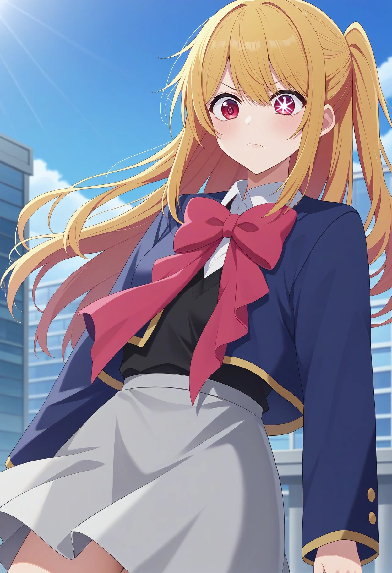 score_9, score_8_up, score_7_up, BREAK source_anime, 1girl, hoshino ruby, blonde hair, long hair, one side up, red eyes, mismatched pupils, star-shaped pupils, school uniform, red bow, grey skirt, raised eyebrow, manga panel style, fantasy city <lora:brj-ruby-pony-v0.5:1>