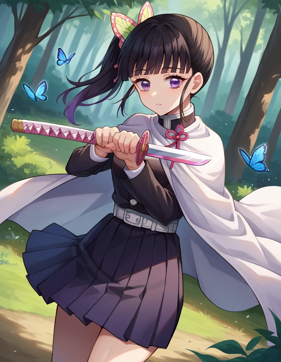 score_9, score_8_up, score_7_up, source_anime,
kanaotsuyuri, <lora:kanao-tsuyuri-ponyxl-lora-nochekaiser:1>,
kanao tsuyuri, black hair, butterfly, butterfly hair ornament, purple eyes, side ponytail, ponytail,
black skirt, cape, demon slayer uniform, long sleeves, pleated skirt, skirt, white cape,
outdoors, forest, nature, sword, holding weapon, holding sword, weapon, fighting stance,
looking at viewer, dutch angle, cowboy shot,