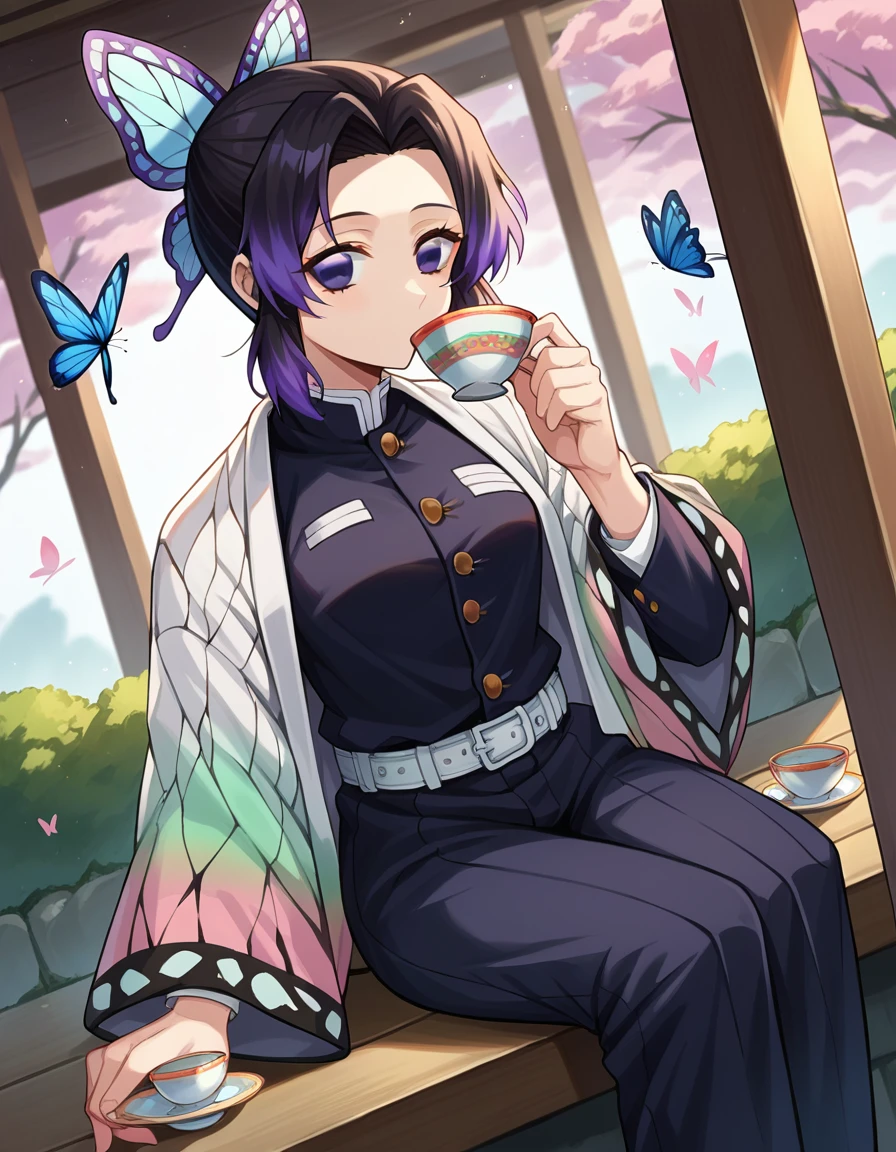 score_9, score_8_up, score_7_up, source_anime,
shinobukochou, <lora:shinobu-kochou-ponyxl-lora-nochekaiser:1>,
shinobu kochou, animal print, black hair, butterfly, butterfly hair ornament, butterfly print, forehead, gradient hair, hair ornament, haori, multicolored hair, parted bangs, purple hair, short hair, two-tone hair,
belt, black pants, butterfly print, coat, demon slayer uniform, haori, japanese clothes, pants, uniform,
outdoors, porch, sitting, teacup, drinking,
looking at viewer, dutch angle, cowboy shot,