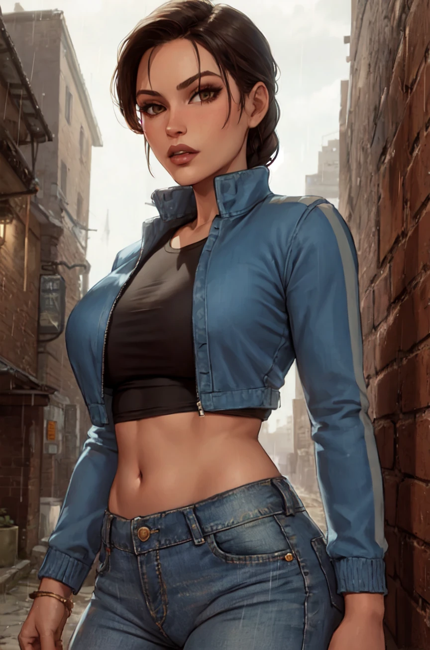 Lara Croft, rain, night, alleyway, brick wall, upper body, midriff, (black shirt, ), jeans, breasts, single braid, masterpiece, best quality, , large breasts, denim jacket, collared jacket, looking at viewer, parted lips, 