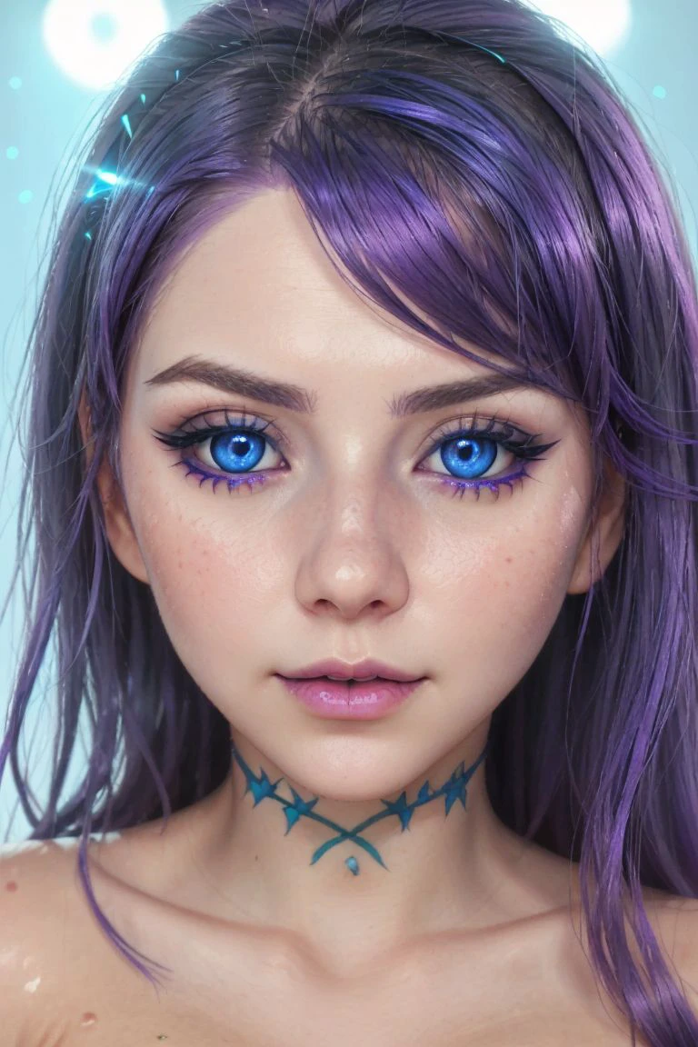 a (extreme close up) of a girl with (bright blue eyes and purple hair ) and face makeup, pale skin BREAK
very detailed skin, skin pores, italian shot, lens flare, spot lights, sharp focus, intrincate details