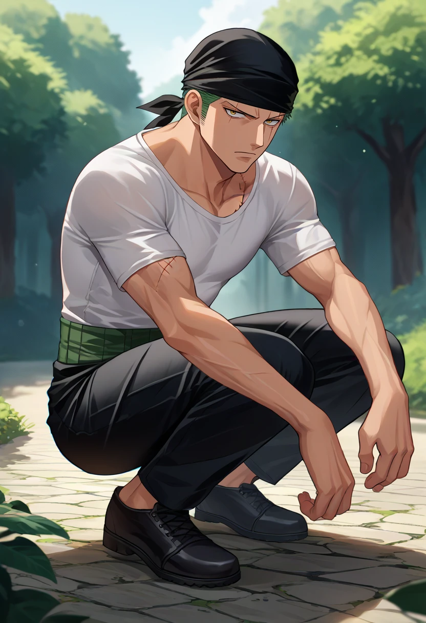 score_9, score_8_up, score_7_up, source_anime, solo, male focus, 1boy, roronoazoro, muscular, scar across eye, expressionless, looking at viewer, squatting, black bandana, white shirt, short sleeves, black pants, black footwear, outdoors <lora:onepiece_roronoazoro_ponyXL:1>