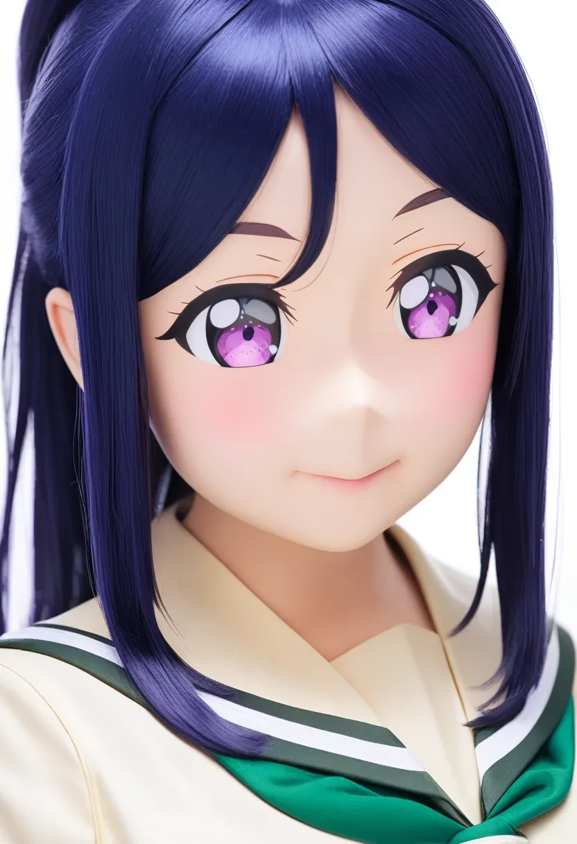 cosplay photo, animegao, 1girl, solo, upper body, love live matsuura kanan, purple eyes, ponytail, green neckerchief, upper body, uranohoshi school uniform, simple white background
masterpiece, best quality, very aesthetic, absurdres
<lora:agkr4am31-000002:0.6>