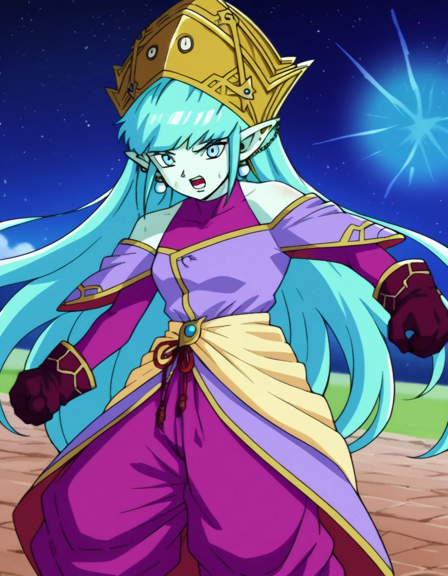 score_9, score_8_up, score_7_up, source_anime,
dragonballaeos, <lora:dragonball-aeos-ponyxl-lora-nochekaiser:1>,
aeos formtwo, long hair, gloves, jewelry, blue hair, earrings, pointy ears, pants, aqua hair, (colored skin:1.5), baggy pants, dress, (purple dress:1.5), leotard, (pink leotard:1.5),
outdoors, space, stars \(sky\), fighting stance, open mouth,
looking at viewer, dutch angle, cowboy shot,