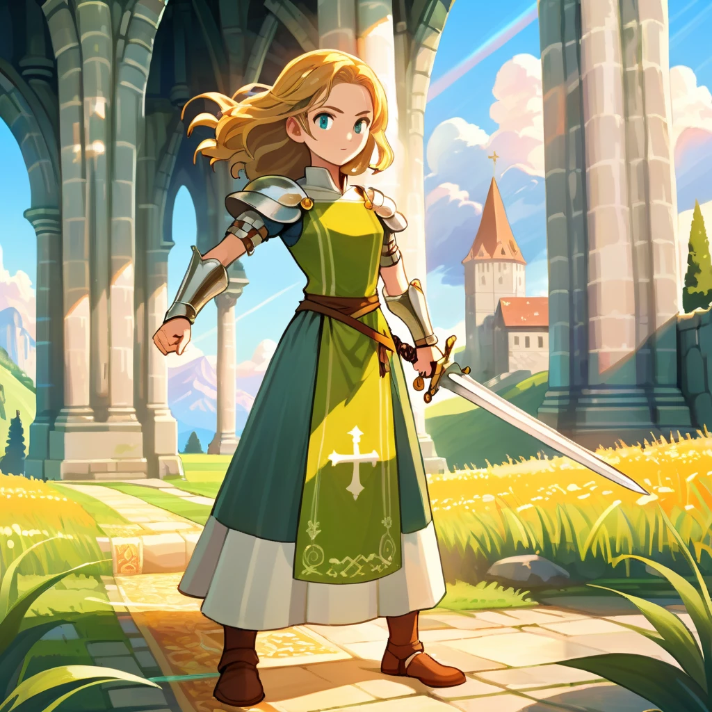 An RPG-style portrait of a village girl wielding a giant sword, her youthful face framed by loose strands of hair, eyes gleaming with determination. Dressed in simple yet sturdy clothes, she stands against a backdrop of rolling green hills and a distant medieval village. Her stance is confident, the oversized sword resting on her shoulder as if it weighs nothing, hinting at her hidden strength and adventurous spirit. The setting sun bathes the scene in a golden light, casting long shadows and highlighting the intricate details of the sword's design, uniko,<lora:uniko:0.75>