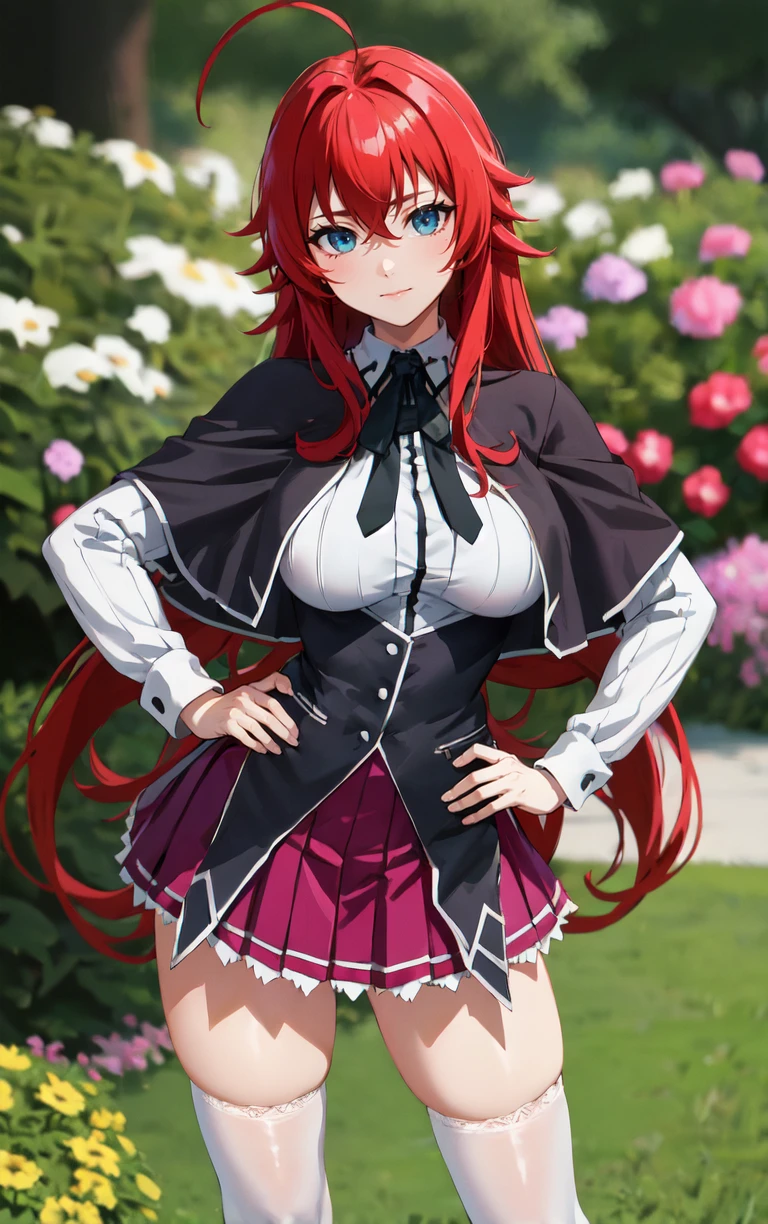 ((masterpiece, best quality)), insaneres, absurdres, solo, looking at viewer, 
ANIME_DxD_Rias_Gremory_ownwaifu, 
1girl, bangs, long hair, red hair, breasts, large breasts, rias gremory, blue eyes, hair between eyes, very long hair, collarbone, hair intakes,  hair over breasts, 
black capelet, black corset, collared shirt, kuoh academy school uniform, layered skirt, underbust, school uniform, skirt, shirt, long sleeves, purple skirt, ribbon, miniskirt, neck ribbon, thighhighs, black ribbon, 
(contrapposto, hand on hip)<lora:ANIME_DxD_Rias_Gremory_ownwaifu:1>,
 depth of field, vanishing point, garden, sidelighting,