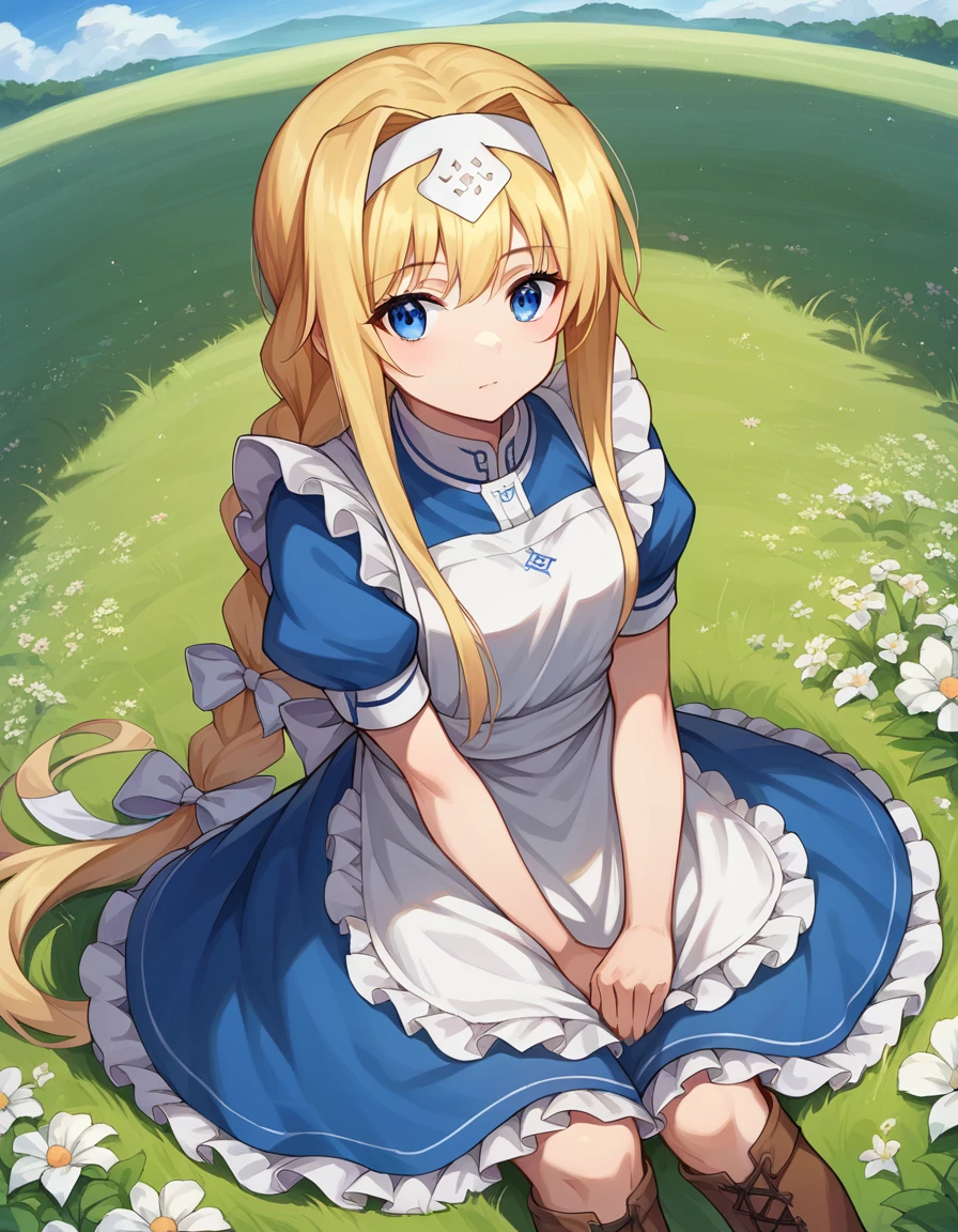score_9, score_8_up, score_7_up, source_anime,
alicezuberg, <lora:alice-zuberg-ponyxl-lora-nochekaiser:1>,
alice zuberg, bangs, blue eyes, blonde hair, hair between eyes, very long hair, braid, hairband, white hairband,
dress, bow, ribbon, short sleeves, frills, apron, puffy short sleeves, blue dress, brown footwear, knee boots, white bow, white apron, frilled apron,
outdoors, plains, grass, flowers, sitting,
looking at viewer, dutch angle, cowboy shot,