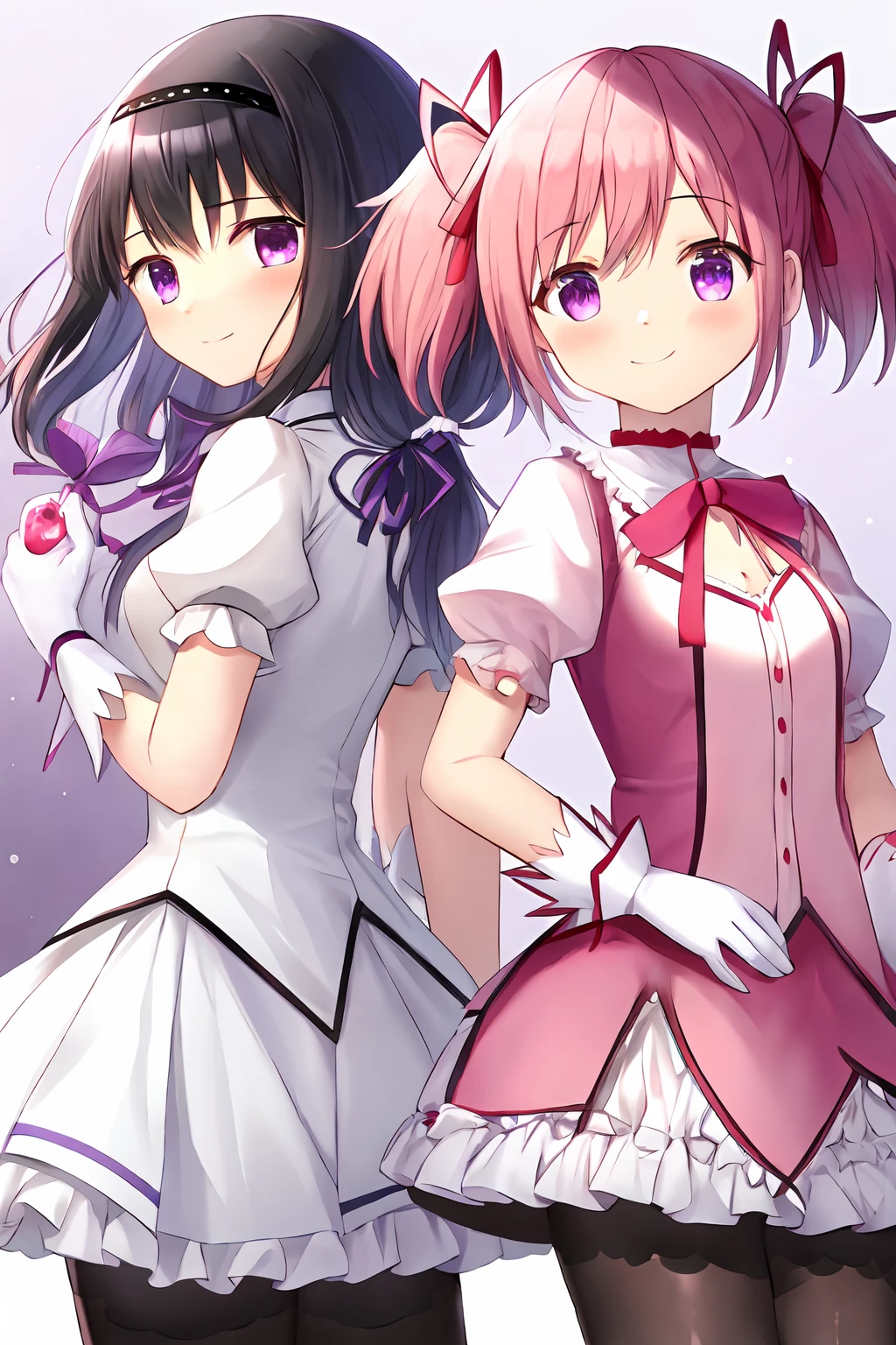 masterpiece,best quality,akemi_homura,kaname_madoka,<lora:mki-maho_shojo_madoka_magika-1.5-v1-000002>,2girls,multiple girls,skirt,pink hair,gloves,long hair,white gloves,black hair,twintails,pink eyes,pantyhose,purple eyes,hairband,bubble skirt,short sleeves,choker,puffy short sleeves,puffy sleeves,black hairband,ribbon,frilled skirt,short twintails,red choker,frills,back-to-back,magical girl,black pantyhose,long sleeves,closed mouth,hair ribbon,smile,pink ribbon,purple skirt,blush,white skirt,bow,argyle clothes,looking at viewer,soul gem,small breasts,cowboy shot,short hair,frilled sleeves,argyle legwear,