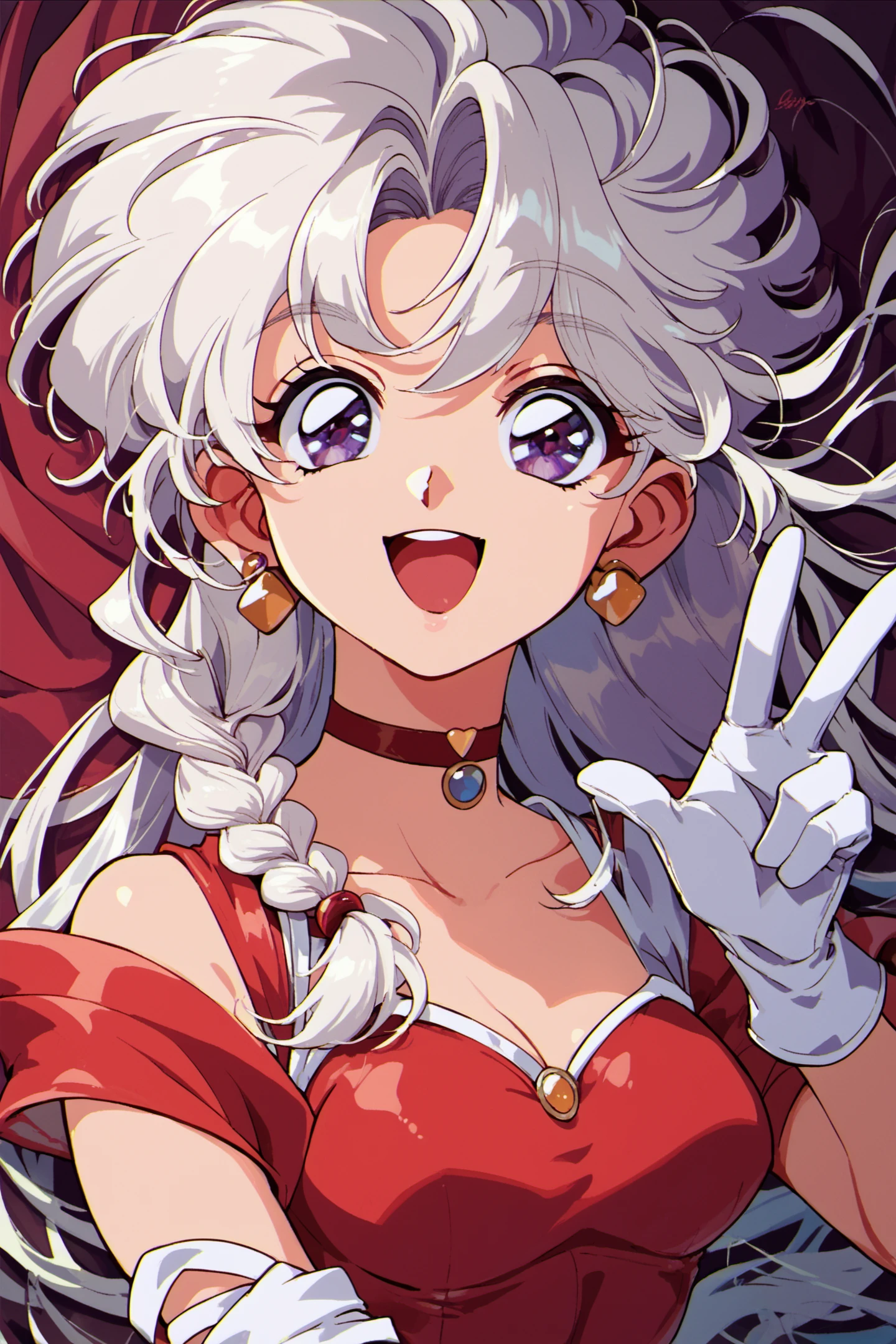 1girl,solo,gloves,white gloves,white hair,long hair,choker,earrings,open mouth,v,jewelry,dress,purple eyes,smile,looking at viewer,retro artstyle,red dress,breasts,braid,upper body,score_9,score_8_up,score_7_up,<lora:hrn_yc_XL_PONY:0.9>,