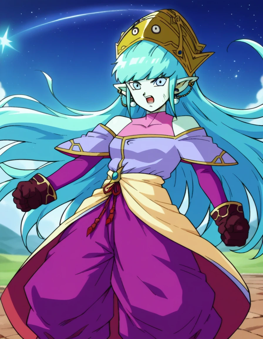 score_9, score_8_up, score_7_up, source_anime,
dragonballaeos, <lora:dragonball-aeos-ponyxl-lora-nochekaiser:1>,
aeos formtwo, long hair, gloves, jewelry, blue hair, earrings, pointy ears, pants, aqua hair, (colored skin:1.5), baggy pants, dress, (purple dress:1.5), leotard, (pink leotard:1.5),
outdoors, space, stars \(sky\), fighting stance, open mouth,
looking at viewer, dutch angle, cowboy shot,