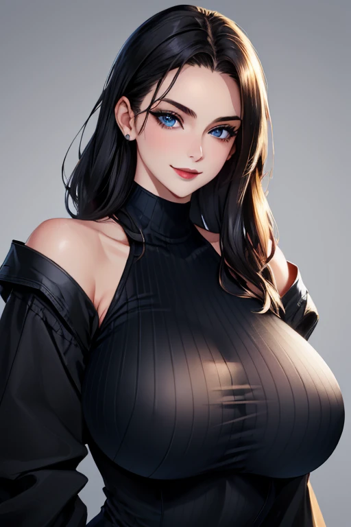 Gorgeous and sultry busty athletic (thin) brunette with sharp facial features wearing a dark blue off-shoulder sleeveless dress, updo