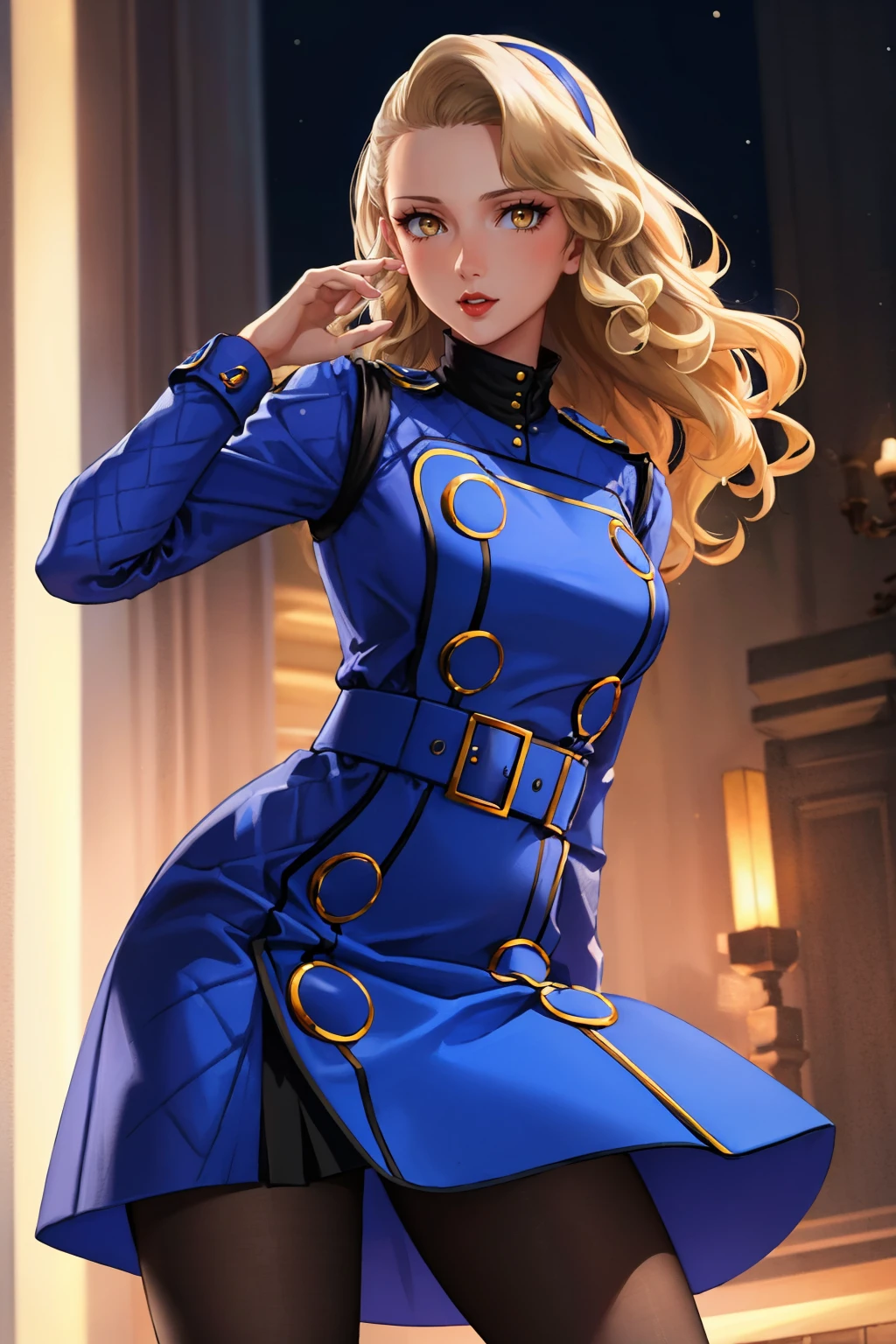 masterpiece, best quality, <lora:zs_Margaret:1> margaretp4, blonde hair, long hair, yellow eyes, headband, dress, long sleeves, black pantyhose, high heels, lipstick