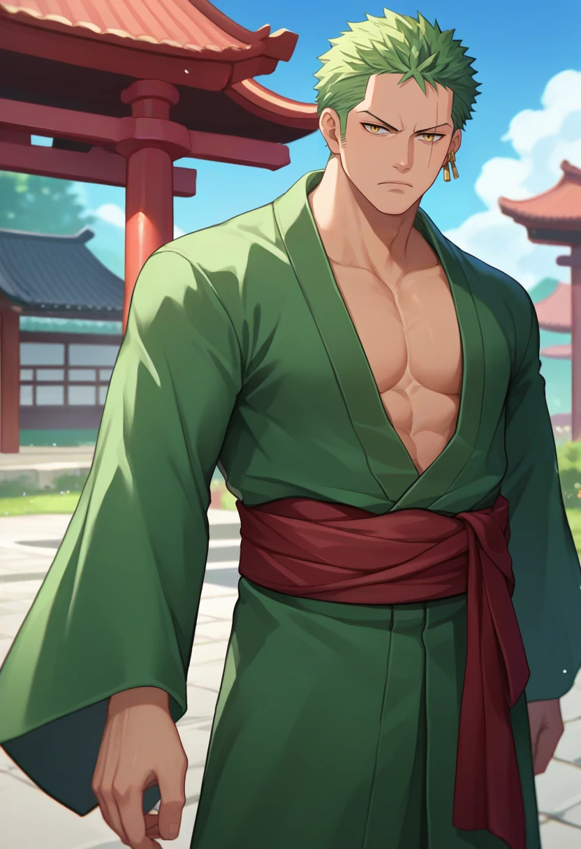 score_9, score_8_up, score_7_up, source_anime, solo, male focus, 1boy, roronoazoro, scar across eye, expressionless, looking at viewer, standing, japanese clothes, green kimono, open kimono, pectorals, wide sleeves, red sash, single earring, outdoors <lora:onepiece_roronoazoro_ponyXL:1>