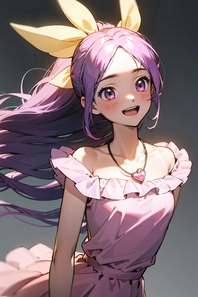 yoran-1, hair ribbon, heart necklace, 1girl, smile, blush, open mouth, solo, long hair, simple background