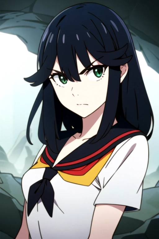 masterpiece, best quality, movie still, 1girl, green eyes, titian hair,, solo, looking at viewer, upper body, depth of field, , realistic, Cave Passage, HD, <lora:kill_la_kill_style:0.76>, kill_la_kill_style