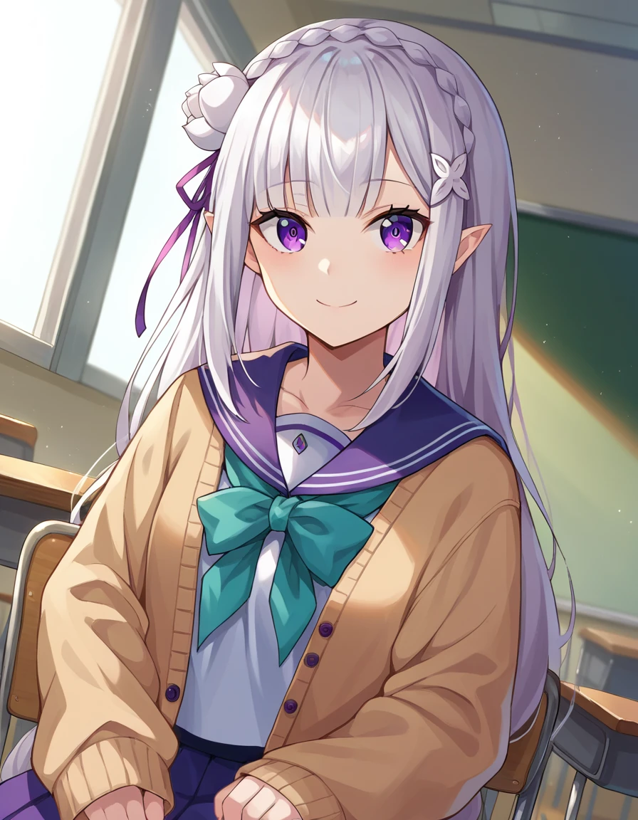 score_9, score_8_up, score_7_up, source_anime,
rezeroemilia, <lora:rezero-emilia-ponyxl-lora-nochekaiser:1>,
emilia, braid, crown braid, flower, hair flower, hair ornament, hair ribbon, long hair, pointy ears, purple eyes, white hair, x hair ornament, smile,
alternate costume, cardigan, open cardigan, open clothes, sailor collar, school uniform, scrunchie, serafuku, sleeves past elbows, wrist scrunchie,
indoors, classroom, desk, chair, sitting,
looking at viewer, dutch angle, cowboy shot,