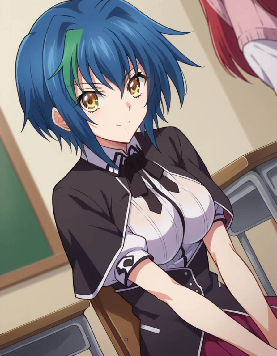 score_9, score_8_up, score_7_up, source_anime,
xenoviaquarta, <lora:dxd-xenovia-quarta-ponyxl-lora-nochekaiser:1>,
xenovia quarta, short hair, blue hair, yellow eyes, multicolored hair, green hair, two-tone hair, streaked hair, smile,
shirt, ribbon, school uniform, white shirt, black ribbon, neck ribbon, capelet, black capelet, long sleeves, skirt, red skirt,
indoors, classroom, sitting, desk, chair,
looking at viewer, dutch angle, cowboy shot,