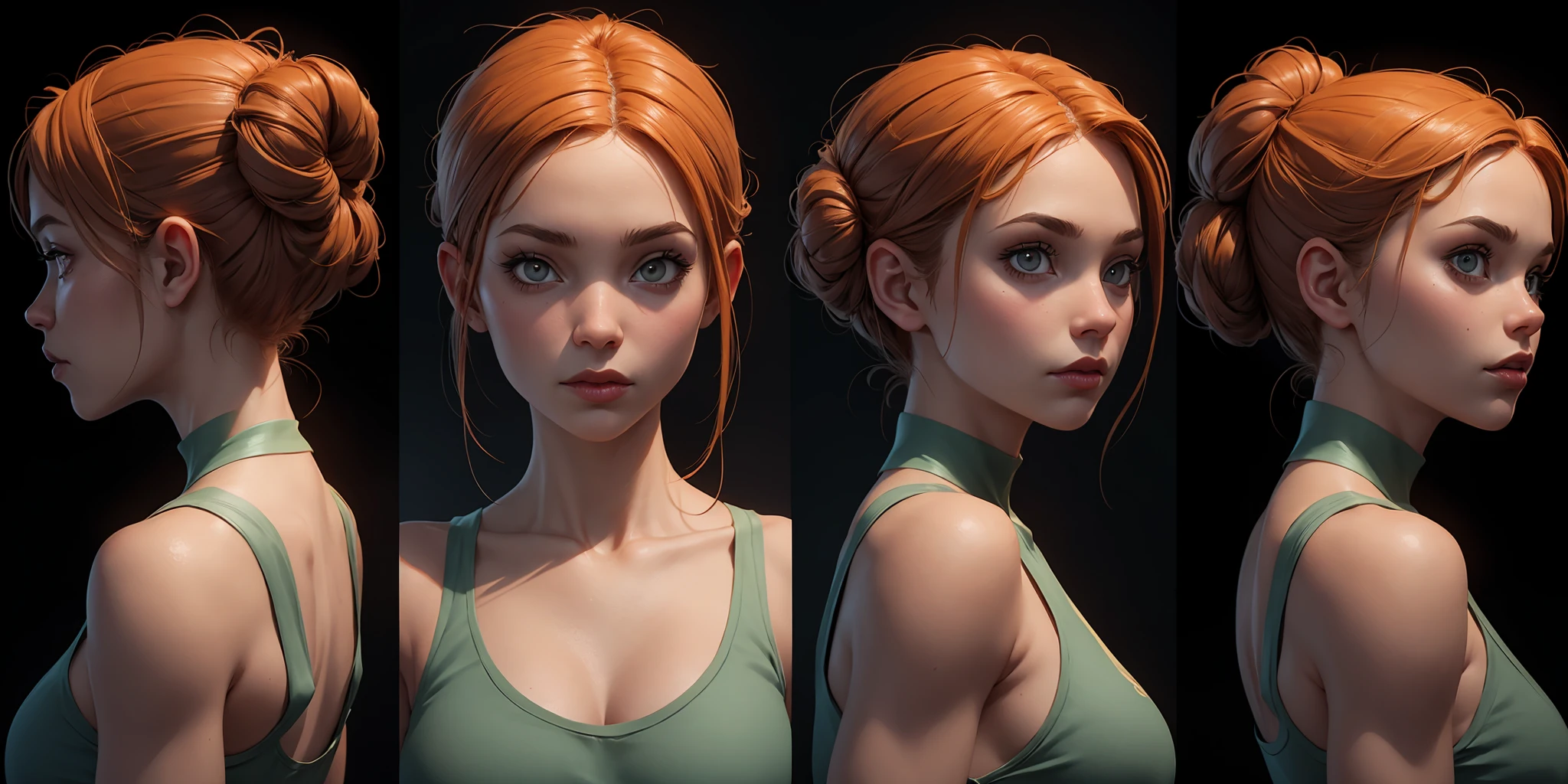 1girl,(zbrush:1.1),three perspectives,view,ZBrush solo,((supercilious look:1.1)),(upper_body:1.2),skin texture:1.2,UE5,high quality,(HDR),highres,character design,cg design,rendering,a normal face,the bright light,grey background,light and shadow effects,(simple background:1.1),<lora:zbrush-Modeling-000014:0.4>,front portrait,side portrait,back portrait,