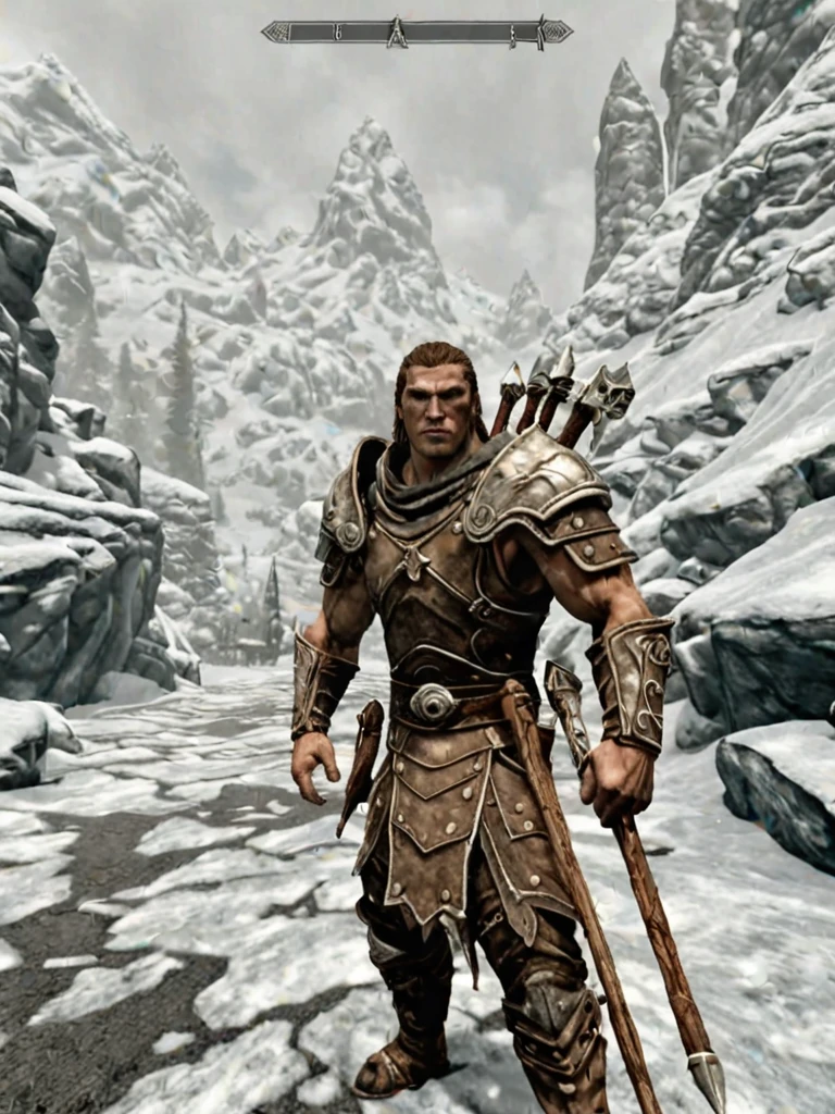 videogame screenshot of a strong warrior, in a mountain area, cold, style skyrim <lora:Skyrim_Style_XL>