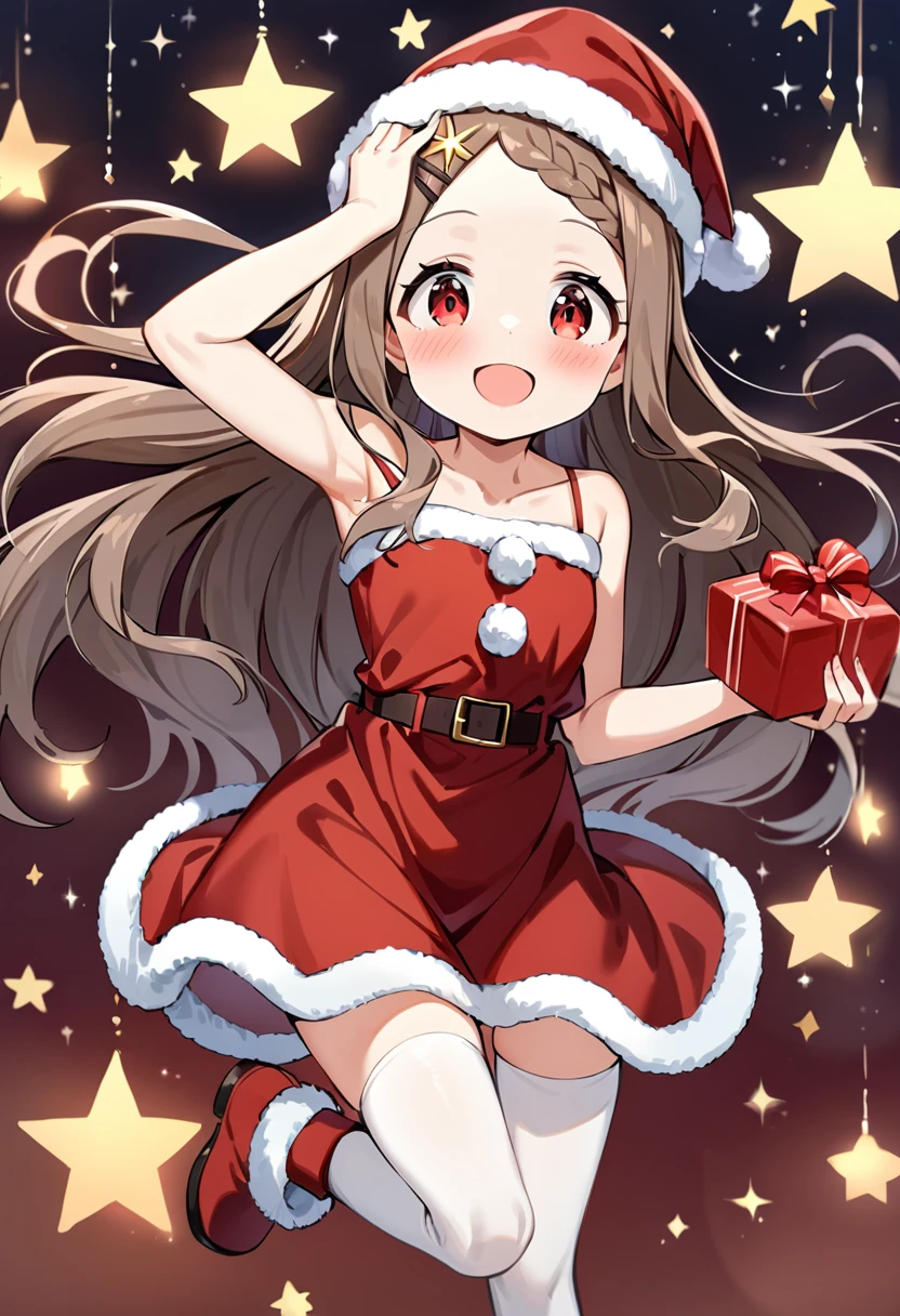 masterpiece, best quality, very aesthetic, absurdres, 1girl, aoba kokona, solo, thighhighs, santa hat, white legwear, open mouth, red eyes, gift, braided bangs, hairclip, brown hair, smile, red dress, box, blush, red footwear, red headwear, :d, gift box, fur trim, looking at viewer, full body, standing, santa costume, collarbone, fur-trimmed headwear, very long hair, fur-trimmed boots, standing on one leg, holding gift, arm up, sleeveless dress, bare shoulders, fur-trimmed dress, black bow, sparkle, bangs, spaghetti strap, floating hair, santa boots, hand on headwear, christmas, leg up, hand on own head, bare arms, star hair ornament, pleated dress, armpits, star \(symbol\), strapless, belt, forehead, holding box, ankle boots, zettai ryouiki, ribbon, santa dress, flat chest, pom pom \(clothes\) <lora:aoba_kokona_sdxl_locon_ani31_v1:0.7>