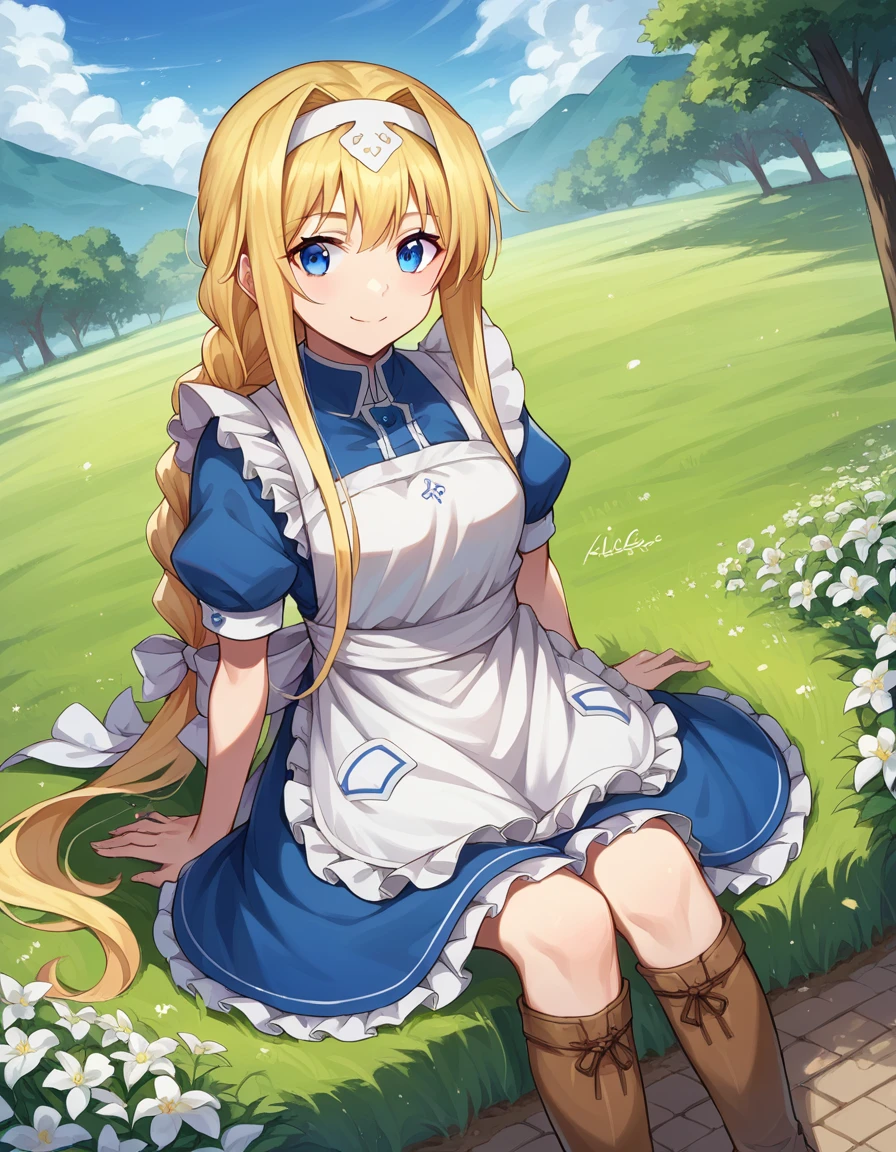 score_9, score_8_up, score_7_up, source_anime,
alicezuberg, <lora:alice-zuberg-ponyxl-lora-nochekaiser:1>,
alice zuberg, bangs, blue eyes, blonde hair, hair between eyes, very long hair, braid, hairband, white hairband, smile,
dress, bow, ribbon, short sleeves, frills, apron, puffy short sleeves, blue dress, brown footwear, knee boots, white bow, white apron, frilled apron,
outdoors, plains, grass, flowers, sitting,
looking at viewer, dutch angle, cowboy shot,