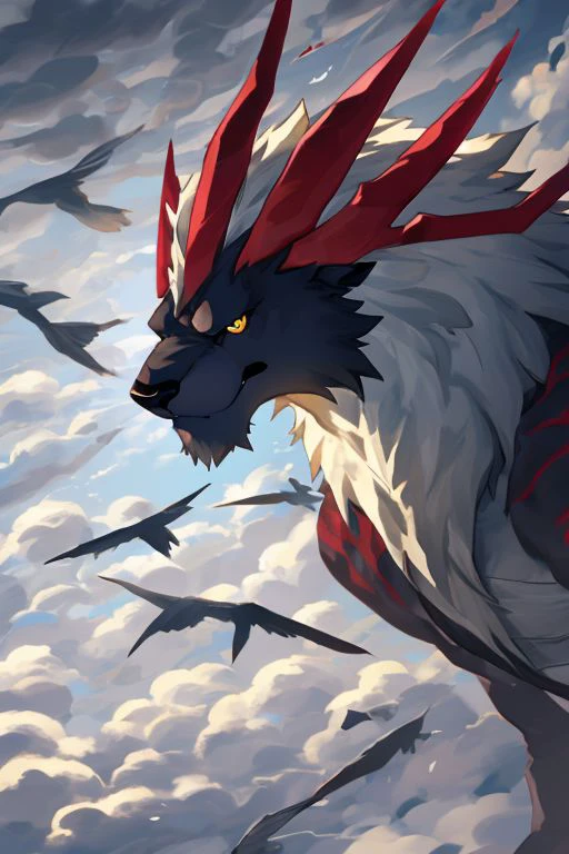 griever, solo, anthro, headshot, looking at viewer, (red horns,) lion, arm blades, (yellow eyes,) white mane, red claws, tail, flying, fierce, wings, cloudy sky, detailed background, masterpiece, best quality, by hioshiru, by battler