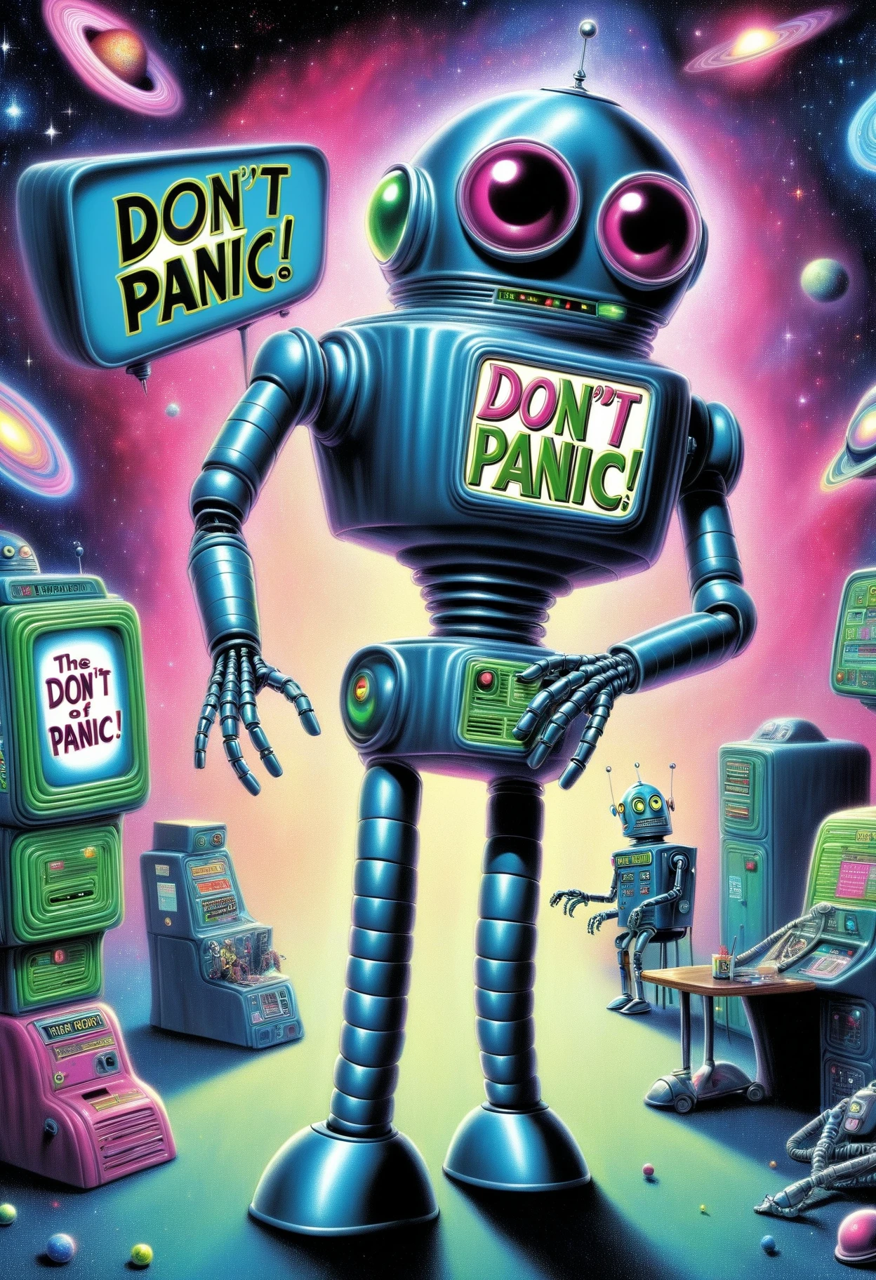 DonMD0n7P4n1cXL, text "DON'T PANIC!", president of the galaxy, a depressive robot, a secretary, two hitchhiker, <lora:DonMD0n7P4n1cXL:1>
