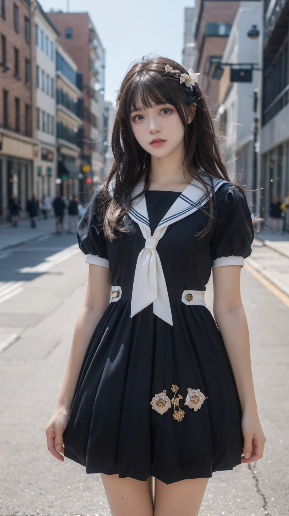 best quality,HDR,UHD,8K,Vivid Colors,solo,photo_,(1girl:1.3),(standing:1.3),(looking at viewer:1.4),Elegant,detailed gorgeous face,(cowboy shot:1.2),morning,(street background:1.2),black eye,long hair,<lora:Twinkle12:0.75>,bow,pink dress,short sleeves,sailor collar,