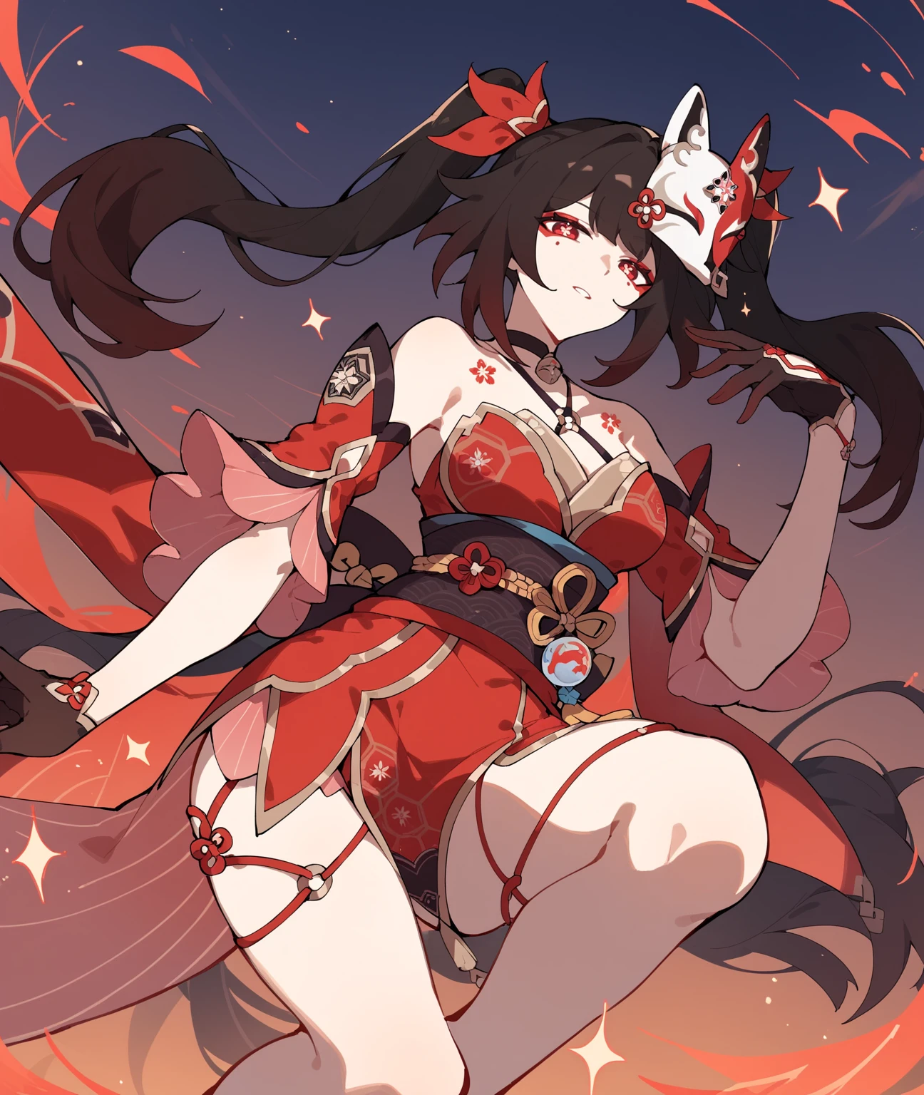 score_9, score_8_up, score_7_up, score_6_up, sparkle \(honkai: star rail\), 1girl, twintails, black hair, medium breasts, red eyes, red eyeshadow, fox mask,
<lora:SparkleV3:1>