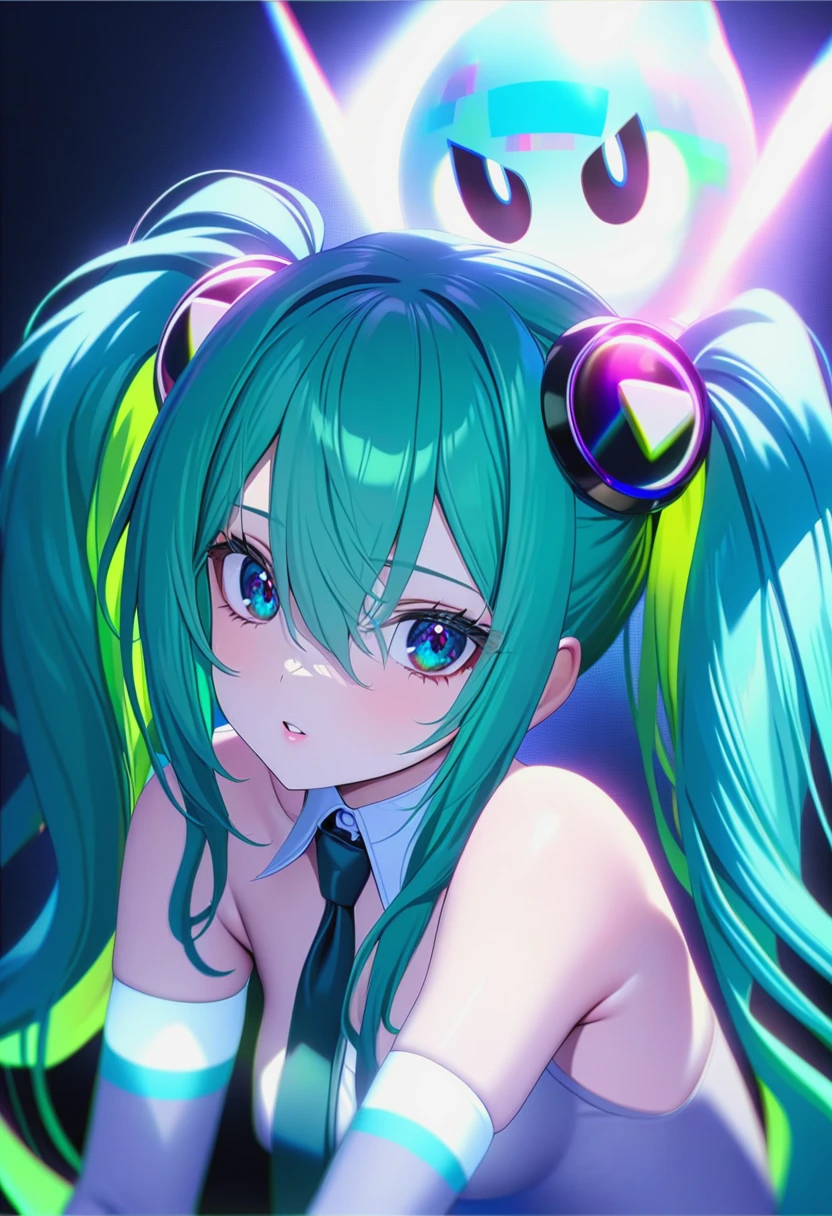 1girl,bags_under_eyes,bare_shoulders,collared_shirt,detached_sleeves,eyelashes,glitch,green_hair,hair_between_eyes,hands_up,long_hair,looking_at_viewer,nail_polish,necktie,pale_skin,parted_lips,pokemon_(creature),shirt,sidelocks,twintails,<lora:Ghost MIku (project voltage):1>,ghost miku(voltage),<lora:Anime Enhancer XL V2:1>,enhancer,masterpiece,raytracing,absurd,intricate,
