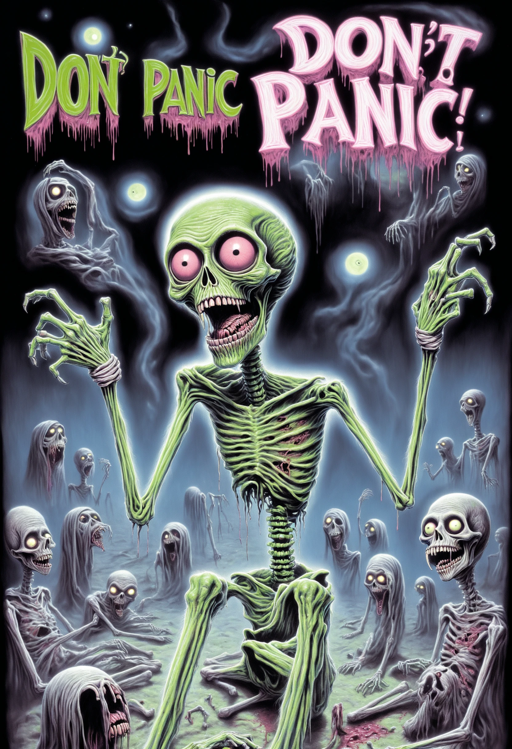 DonMD0n7P4n1cXL, text "DON'T PANIC!", ghoul, humanoid monstrous creature, emaciated corpse like appearance, decayed or mummified skin, sunken or glowing eyes, sharp teeth, clawed hands, predatory appearance, nocturnal, tattered or burial clothing, undead, constructive,unhealthy,cultural fusion   <lora:DonMD0n7P4n1cXL:1>