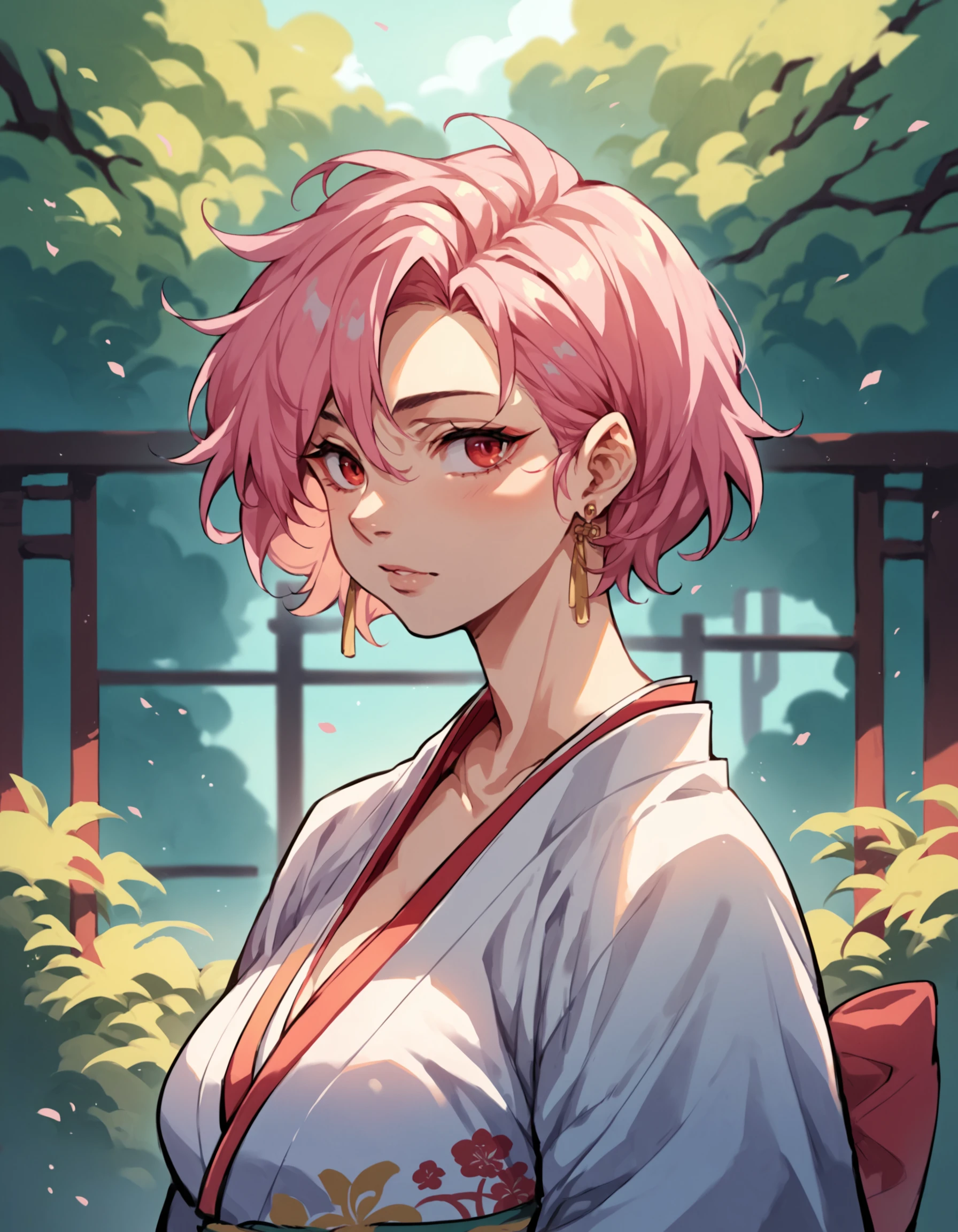 score_9, score_8_up, score_7_up, score_6_up, score_5_up, score_4_up,solo, short hair, red eyes, 1girl, jewelry, upper body, voluptuous, bbw, sexy, pink hair, earrings, japanese clothes, kimono, portrait, outdoors,