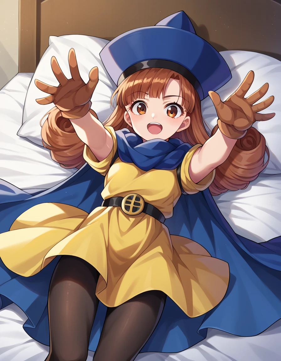 score_9, score_8_up, score_7_up, source_anime,
dqalena, <lora:dq-alena-ponyxl-lora-nochekaiser:1>,
alena, brown eyes, brown hair, curly hair, long hair,
cape, dress, gloves, hat, pantyhose, yellow dress, scarf, short sleeves,
indoors, bed, bed room, on back, arm support, arms up, incoming hug, pov, reaching, reaching towards viewer,
looking at viewer, dutch angle, cowboy shot,