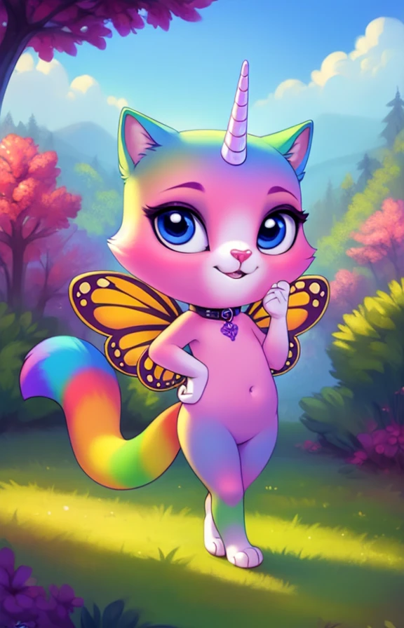 <lora:FelicityCatRainButUniYif:0.75>  solo, nude, looking at viewer,   FelicityCatRainButUniYif,  cat, horn on the head, rainbow tail, butterfly wings, collar, blue eyes,  
[Forest, clearing, sky, small houses, grass around the road,]  (beautiful, aesthetic, perfect, delicate, intricate, masterpiece,)
by Ulitochka, by Levelviolet, by Castitas, by Personalami