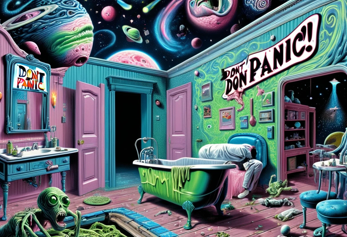 DonMD0n7P4n1cXL, text "DON'T PANIC!", hyper detailed masterpiece, dynamic realistic digital art, awesome quality,utopian terrace,ornate innsmouth,direful atelier depth peeling,meteor shower, vital,saline aroma,celestial  <lora:DonMD0n7P4n1cXL:1>