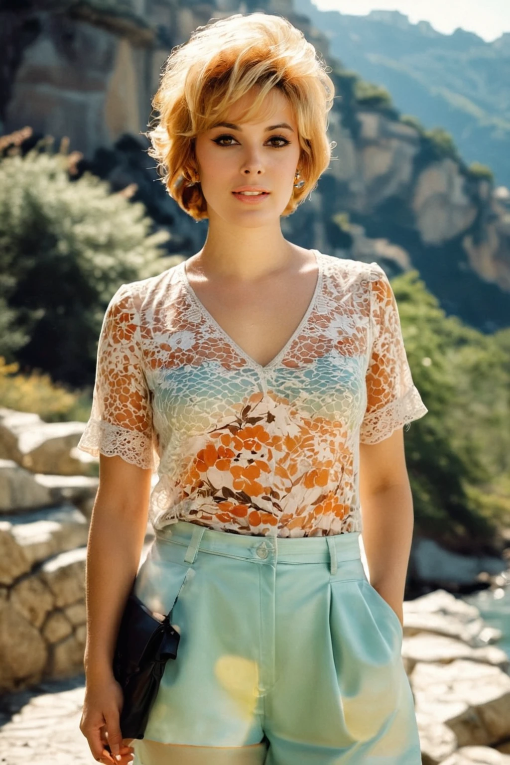 analog film photo ((light theme)), <lora:[UK]_-_Jill_St_John_XL:1> mt-jillstjohn, solo, (looking at viewer), realistic lighting, (blonde), (detailed skin), (detailed face), (happy:1.5), (Abstract print blouse, Culottes, Pointed-toe flats, Structured clutch, Modern earrings, Cat-eye:1.4), (valley, encircled by mountains, meandering river, scenic:1.5)
BREAK
(dynamic pose)
BREAK
masterpiece, zstyle, extremely detailed, best quality, ultra-detailed, ultra high res, (photorealistic:1.4), raw photo, (realistic:0.2), 8k HDR, 1girl, bokeh, f1.4, 40mm, photorealistic, raw, 8k, textured skin, skin pores, intricate details, <lora:ZStyle_-_Photography_Style_SDXL:0.4> <lora:extremely_detailed:0.8>  . faded film, desaturated, 35mm photo, grainy, vignette, vintage, Kodachrome, Lomography, stained, highly detailed, found footage