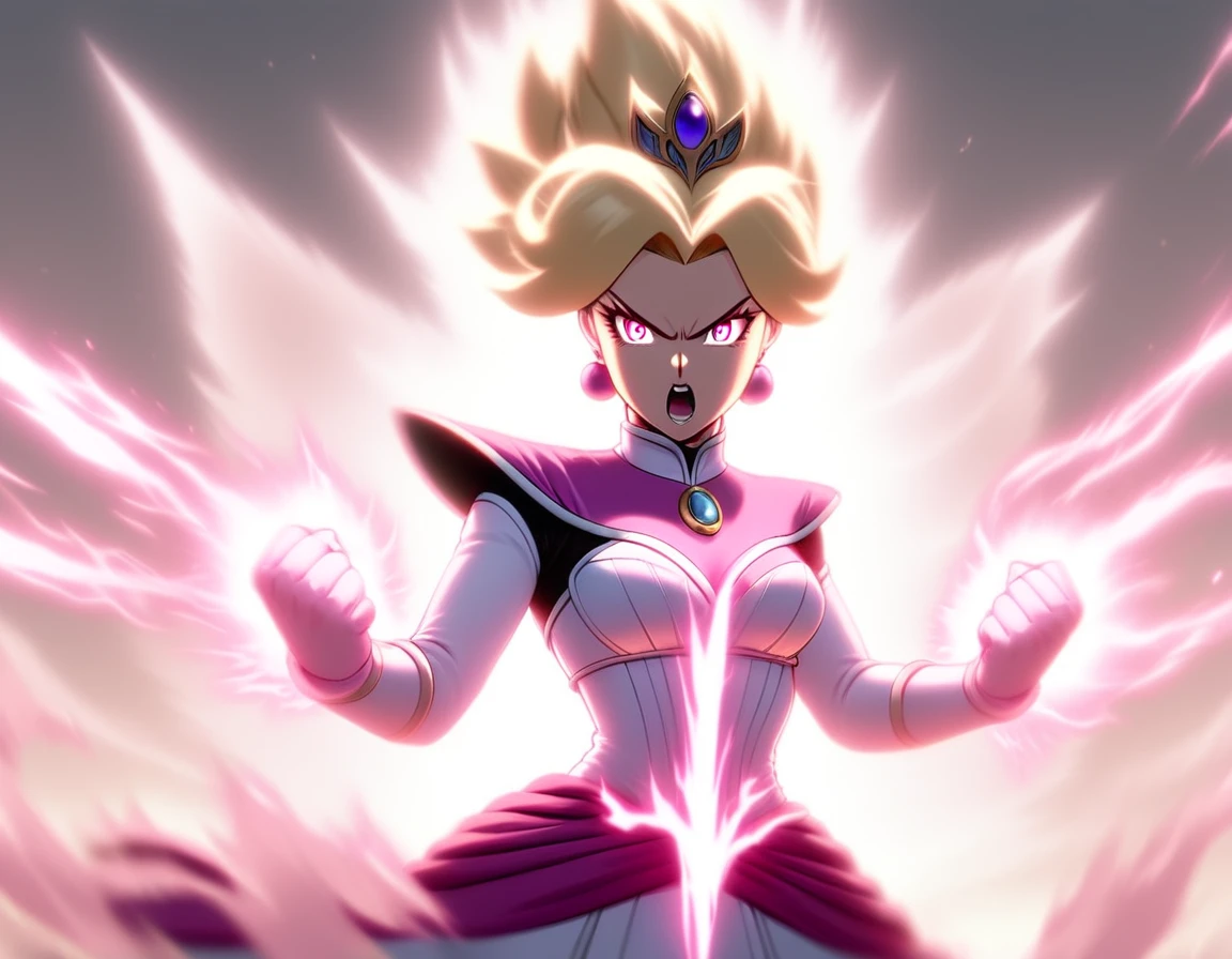 PoweringUp, wide view of Beautiful Gorgeous furious Rebecca Romijn powering up, roaring, transparent white flaming cloud aura surrounds
