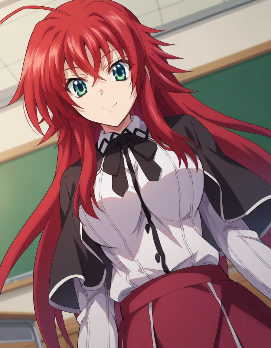 score_9, score_8_up, score_7_up, source_anime,
riasgremory, <lora:rias-gremory-ponyxl-lora-nochekaiser:1>,
rias gremory, huge ahoge, long hair, hair between eyes, green eyes, red hair, smile,
shirt, ribbon, school uniform, white shirt, black ribbon, neck ribbon, capelet, black capelet, long sleeves, skirt, red skirt,
indoors, classroom,
looking at viewer, dutch angle, cowboy shot,