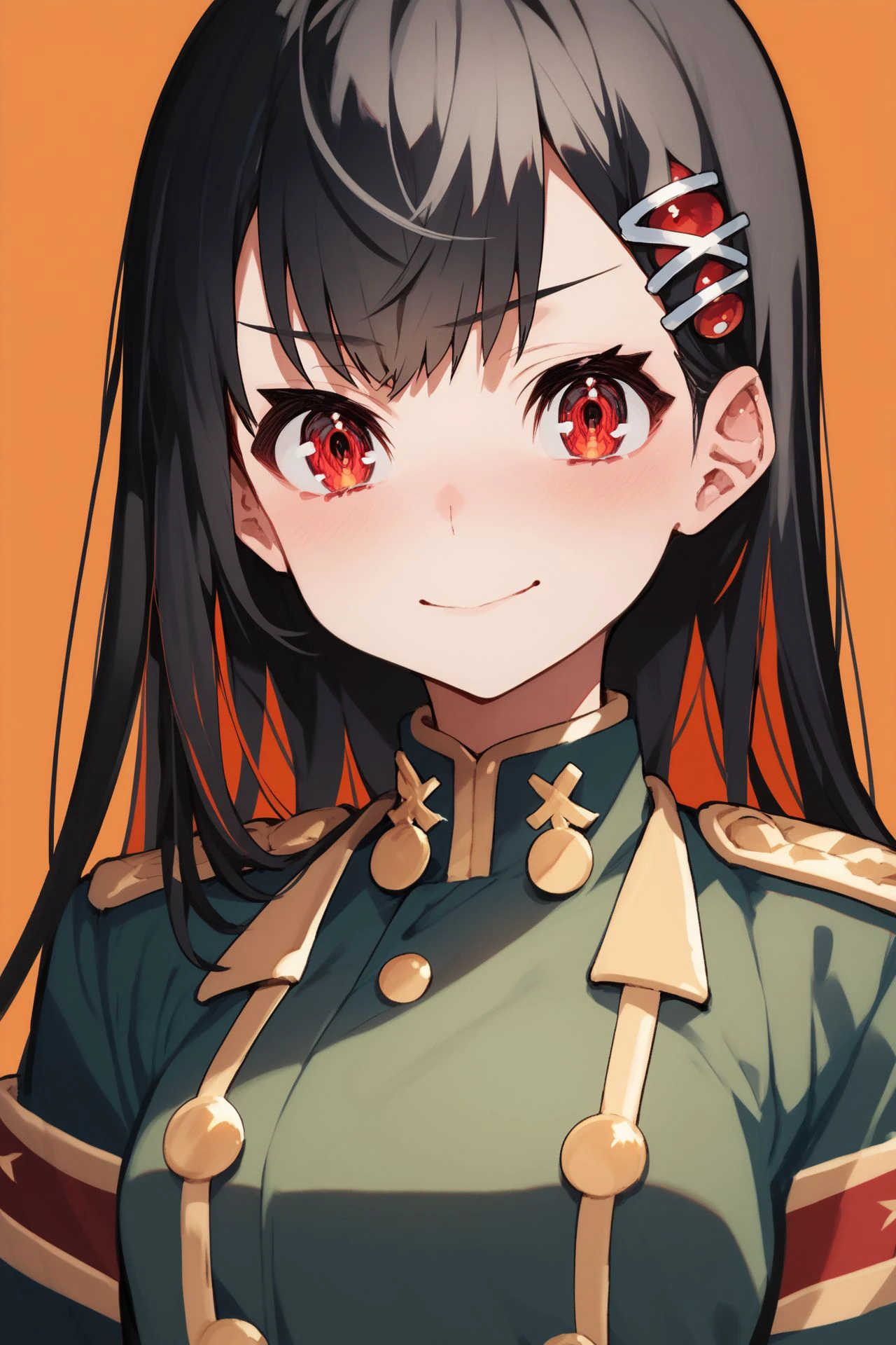 score_9, score_8_up, score_7_up, 1girl, looking at viewer, hands_on_hip, embarrassed nose blush smile, black hair, multicolored hair, long bangs, hair ornament, ruby eyes, small breasts, golden military uniform, panorama, orange background, <lora:mika_pikazo_PonyXL_style_v01:1>