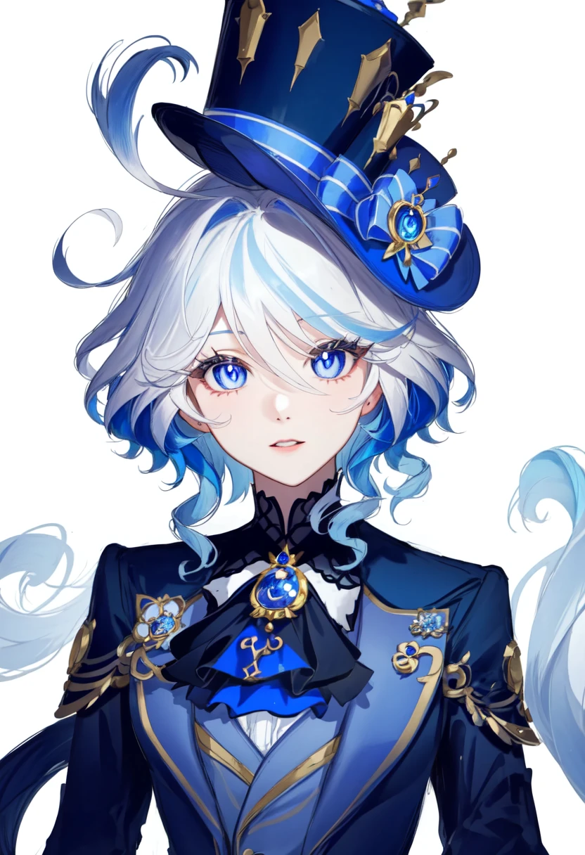 best quality,masterpiece,highres,solo,<lora:genshin_107_v1:1>,1girl, absurdres, ahoge, blue_ascot, blue_eyes, blue_hair, blue_headwear, blue_jacket, brooch, furina_\(genshin_impact\), gawako, hair_between_eyes, highres, parted_lips, short_hair, simple_background, solo, top_hat, upper_body, white_background