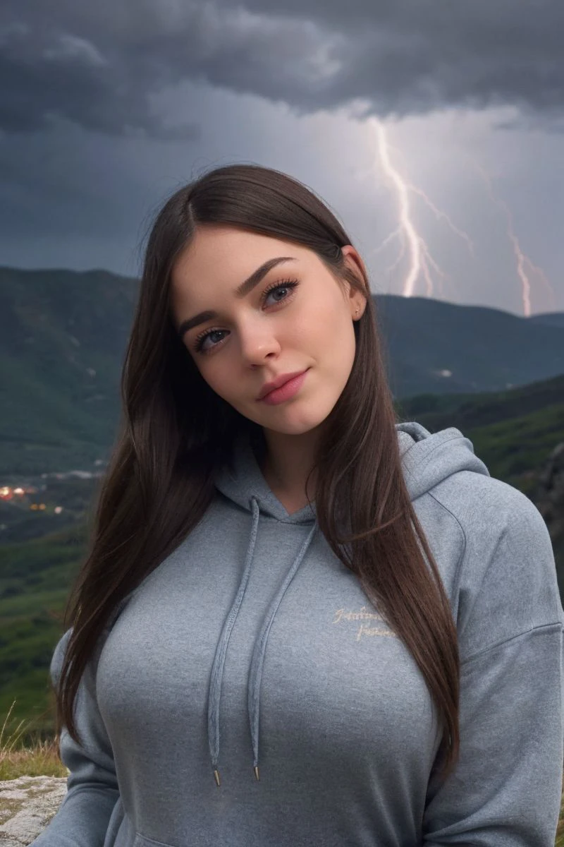 headshot of S358_MerceGallardo,a gorgeous woman,on a (mountain:1.1),wearing a (hoodie:1.1),(thunderstorm),(4k, RAW photo, best quality, 35mm, depth of field, ultra high res:1.1),(absurdres, intricate, photorealistic, cinematic-shot, masterpiece, ultra-detailed:1.1),