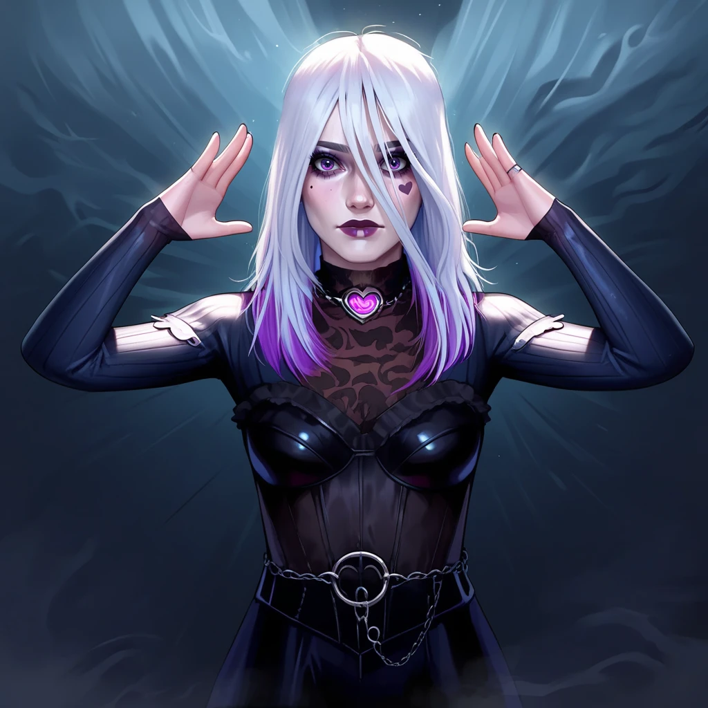 score_9, score_8_up, source_anime, 1girl, dark gothic art style, a fullbody image of a girl, solo BREAK <lora:PONY Sable Warb DBD 45 v2:1> Sable Ward, white hair with purple tips, purple eyes, a girl is standing inside a dimly lit dungeon with her arms help up in a maniacal pose while she laughs at the sky