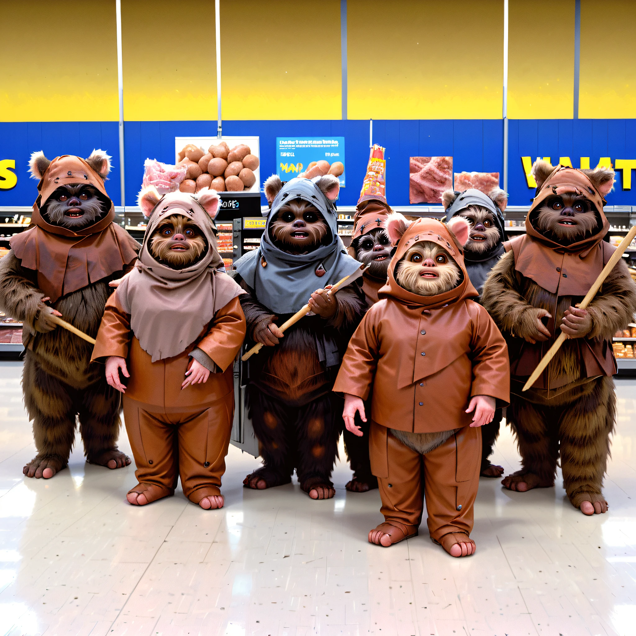 a group of ewks shopping for ham in walmart, ewoks,