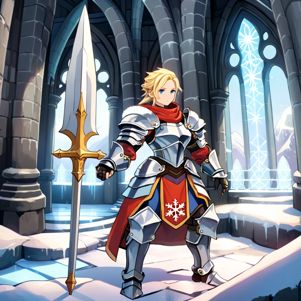 Big breasts,Create an image in RPG game style featuring a female soldier clad in iron armor, wielding a long spear. She stands at the ready within a snow-covered mountain fortress. The scene captures the cold, harsh environment of the high-altitude stronghold, with the soldier's armor detailed and reflective of the RPG aesthetic. Her stance is formidable, her expression determined, and her gear adorned with symbols signifying her rank and affiliation. Snowflakes gently fall around her, adding a serene yet chilling atmosphere to the fortress background, uniko,<lora:uniko:0.75>