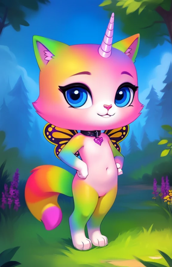 <lora:FelicityCatRainButUniYif:0.75>  solo, nude, looking at viewer,   FelicityCatRainButUniYif,  cat, horn on the head, rainbow tail, butterfly wings, collar, blue eyes, 
[Forest, clearing, sky, small houses, grass around the road,]  (beautiful, aesthetic, perfect, delicate, intricate, masterpiece,)
by Chunie, by CyanCapsule, by Hallogreen,