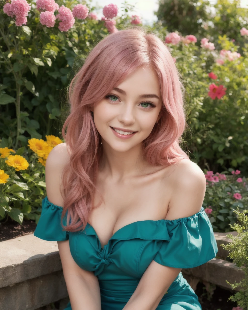 masterpiece, best quality, 1girl, sitting, medium breasts, flowers, pink hair, long hair, green eyes, garden, smile, black ribbons, aqua dress, off shoulder